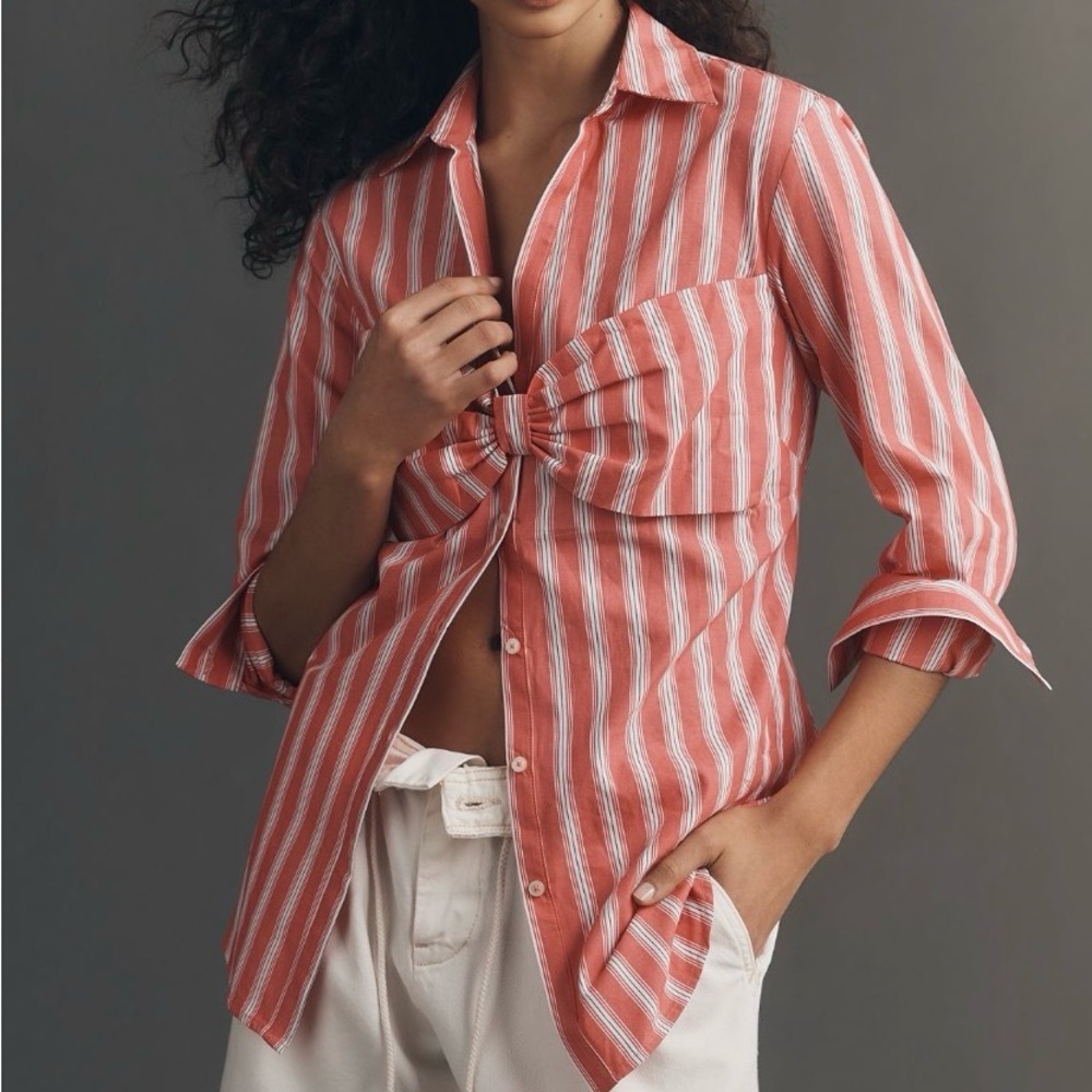 Maeve Coral and White Striped Knot-Front Button Down Shirt